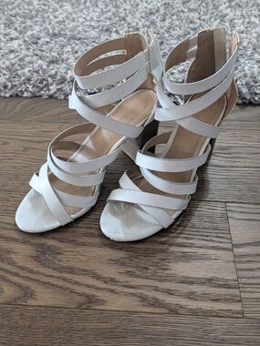 American Eagle By Payless White Strappy Block Heel Sandals